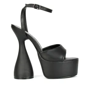 Acacia Strappy Peep Toe Cylinder Block Platform High Heel in Black Synthetic Leather