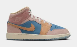 Air Jordan 1 Mid Sneaker School Grade School Lifestyle Shoes (Aegean Storm/Hemp Pink/Oxford)