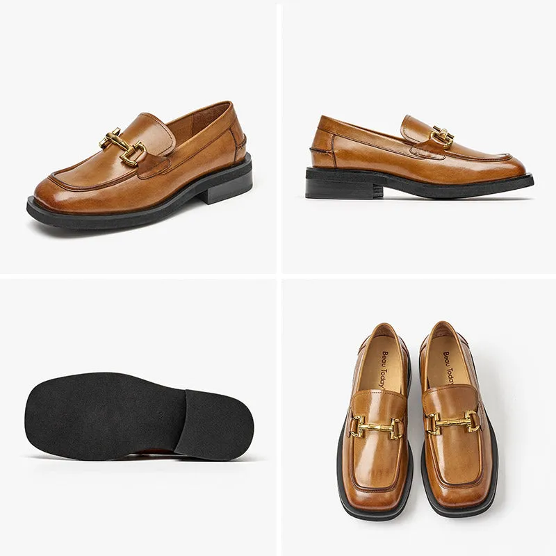 BeauToday Square Toe Bamboo Buckle Loafers for Women