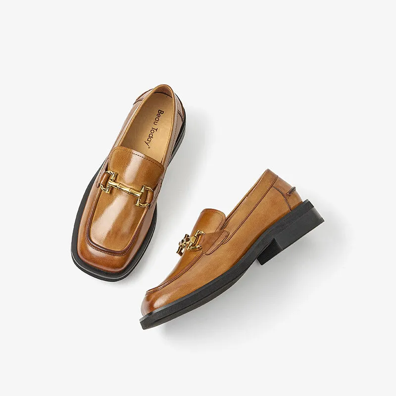 BeauToday Square Toe Bamboo Buckle Loafers for Women