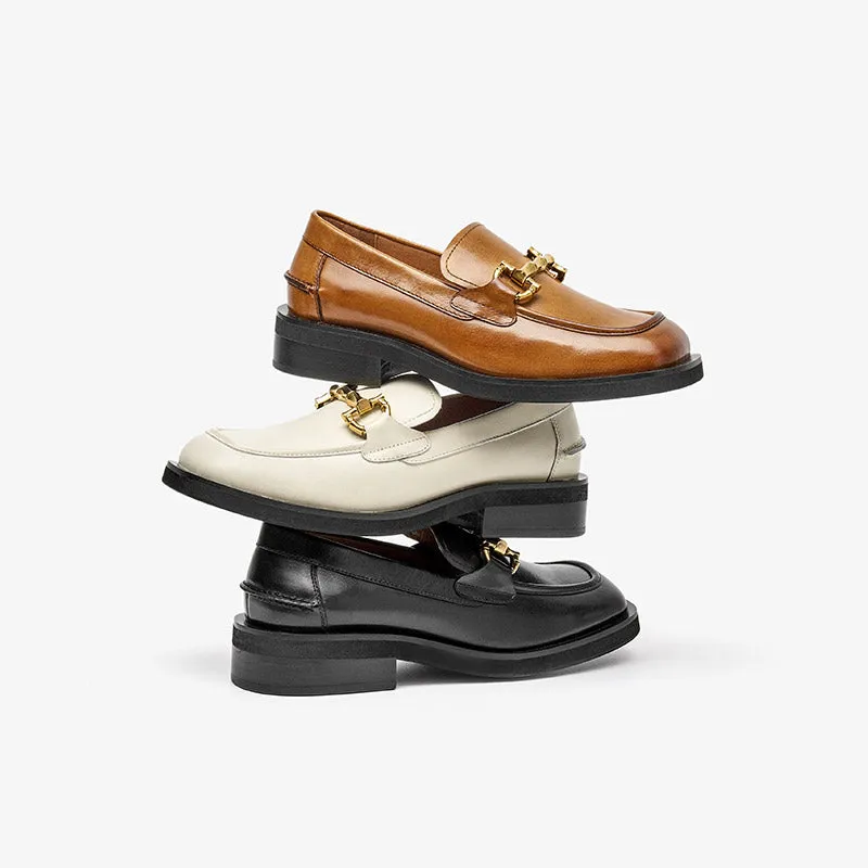 BeauToday Square Toe Bamboo Buckle Loafers for Women