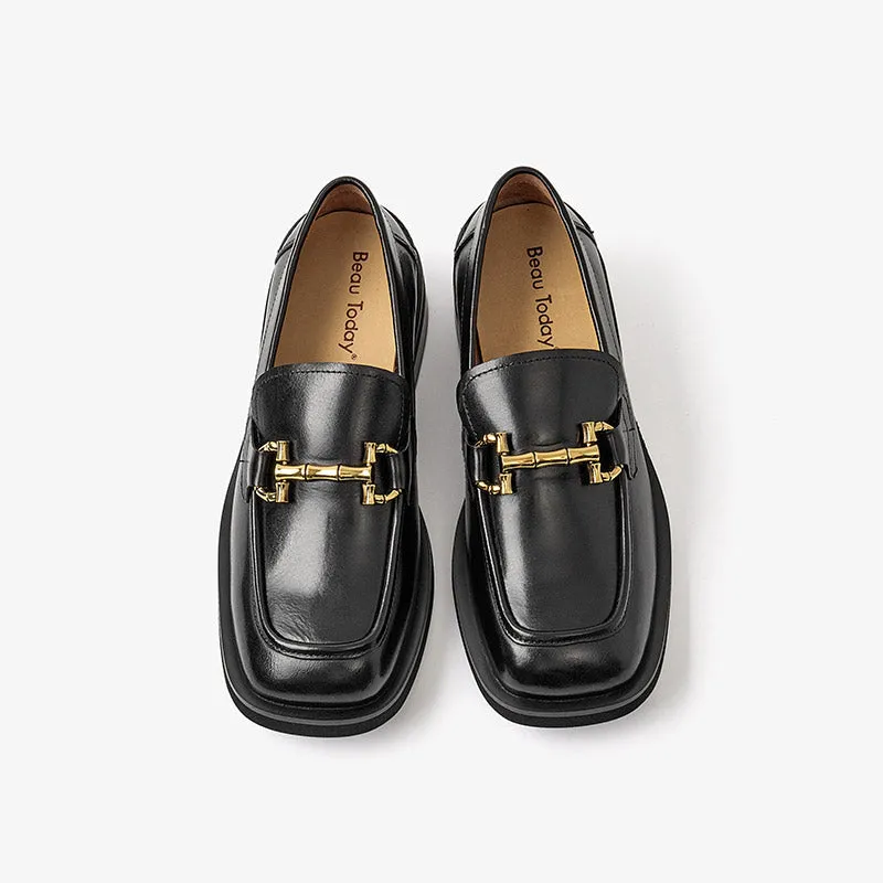 BeauToday Square Toe Bamboo Buckle Loafers for Women