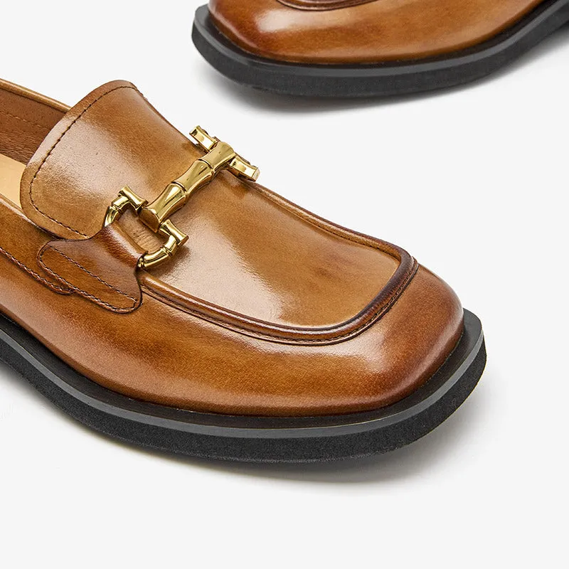 BeauToday Square Toe Bamboo Buckle Loafers for Women
