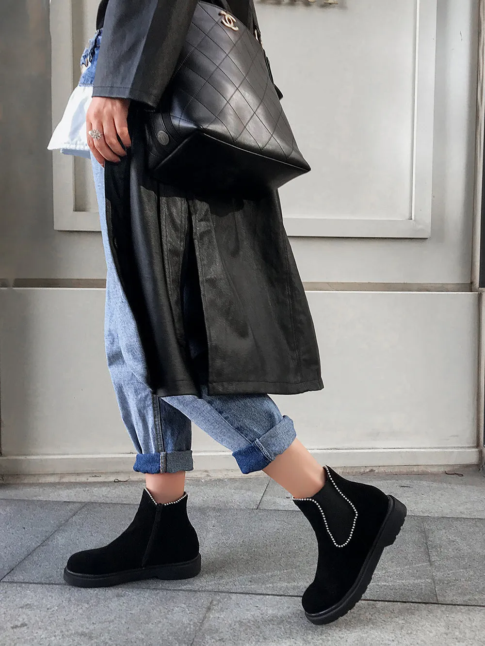 Bigsizeheels Thread Round Toe Slip-On Color Block Casual Boots - Black