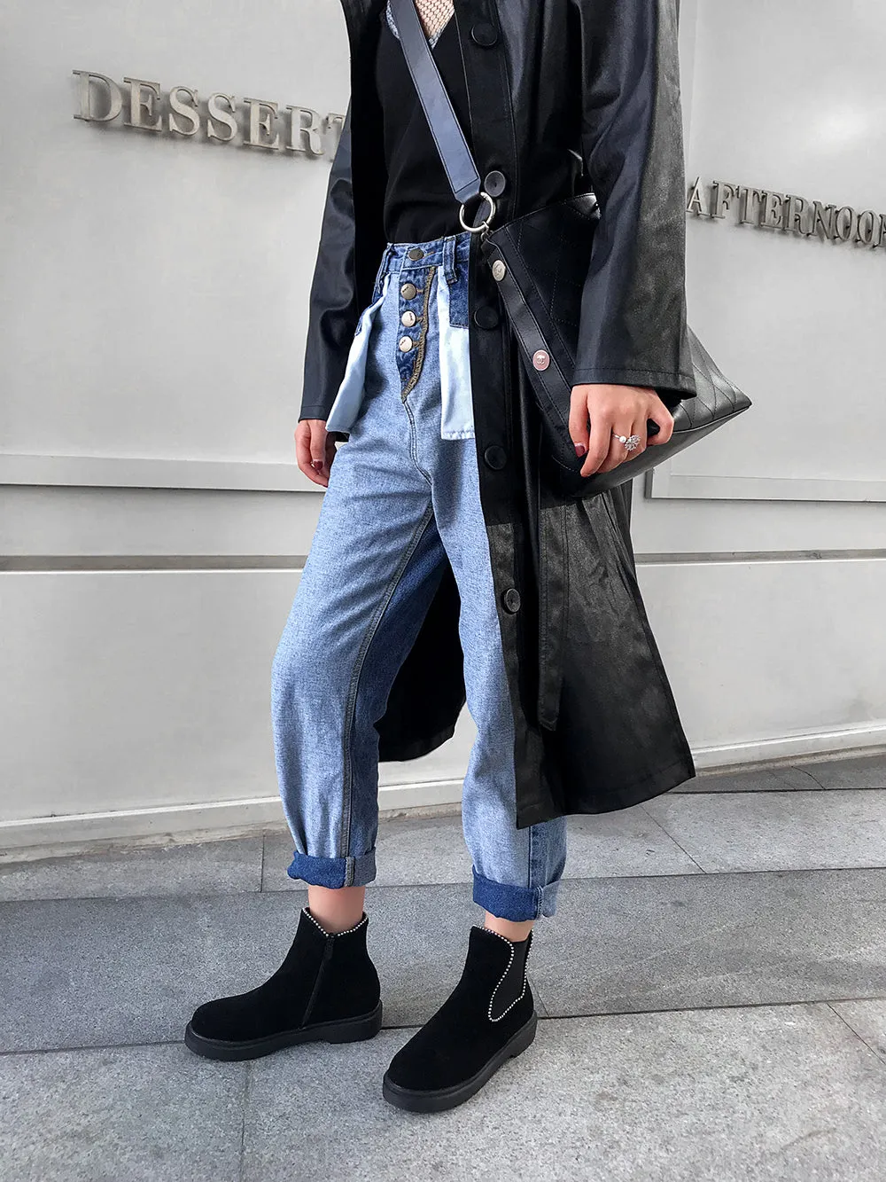 Bigsizeheels Thread Round Toe Slip-On Color Block Casual Boots - Black