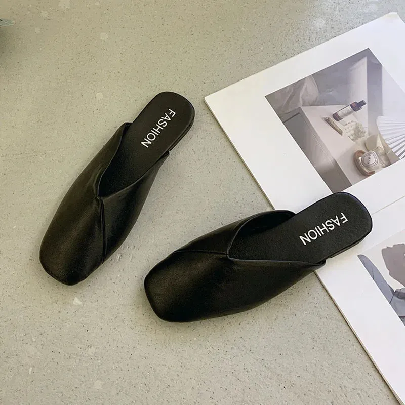 binfenxie  -  Women Mules 2024 Summer Elegant Square Closed Toe Flat Slippers Female Shoes Casual Leather Black White Slides Plus Size 35-41
