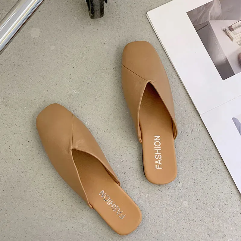 binfenxie  -  Women Mules 2024 Summer Elegant Square Closed Toe Flat Slippers Female Shoes Casual Leather Black White Slides Plus Size 35-41