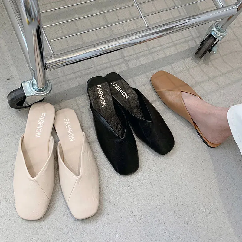 binfenxie  -  Women Mules 2024 Summer Elegant Square Closed Toe Flat Slippers Female Shoes Casual Leather Black White Slides Plus Size 35-41