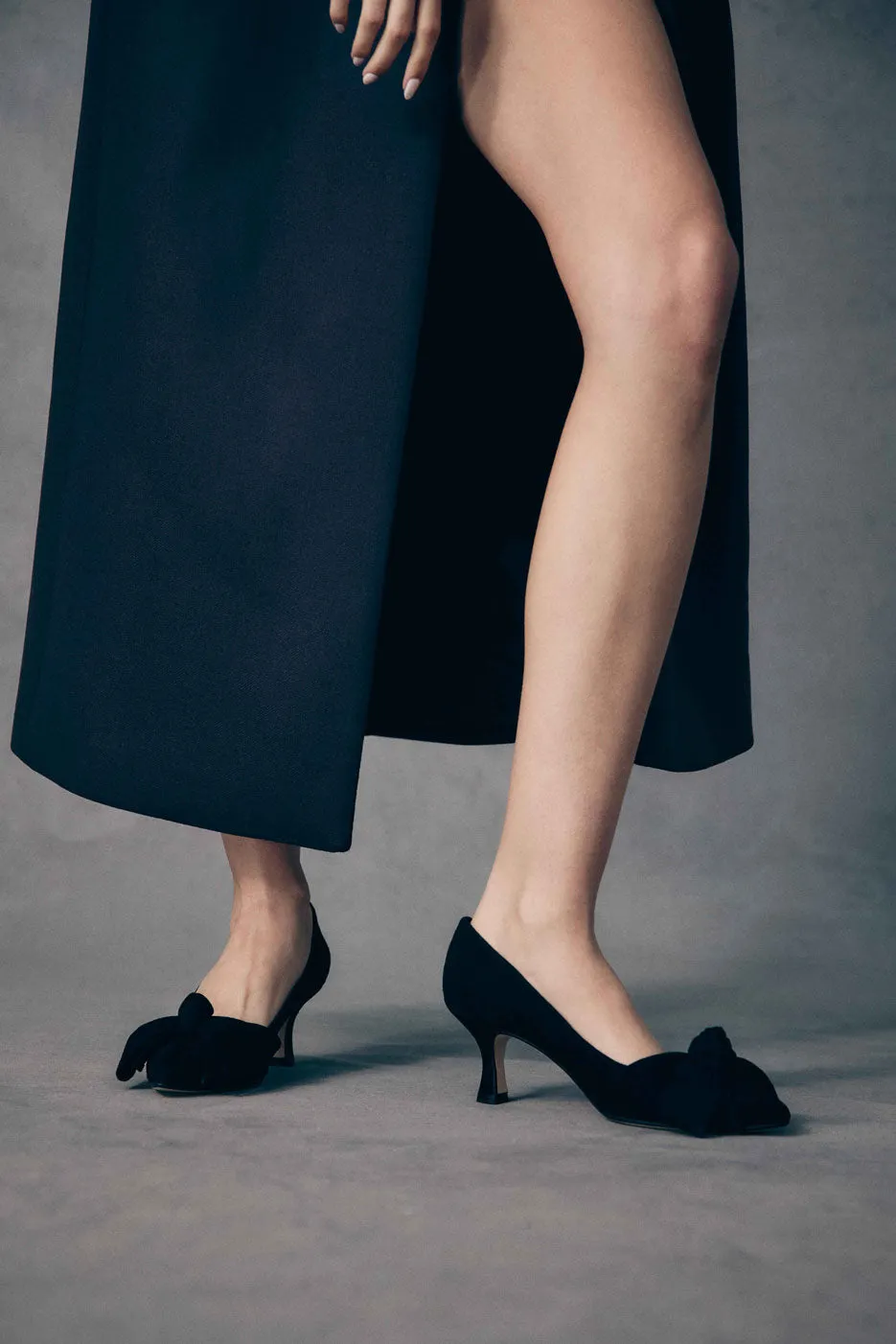 Bow Kitten Heel - Black Suede