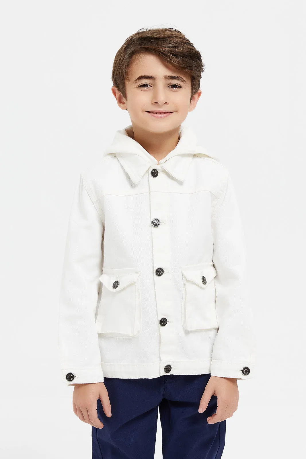 Boys Cream Denim Hooded Jacket