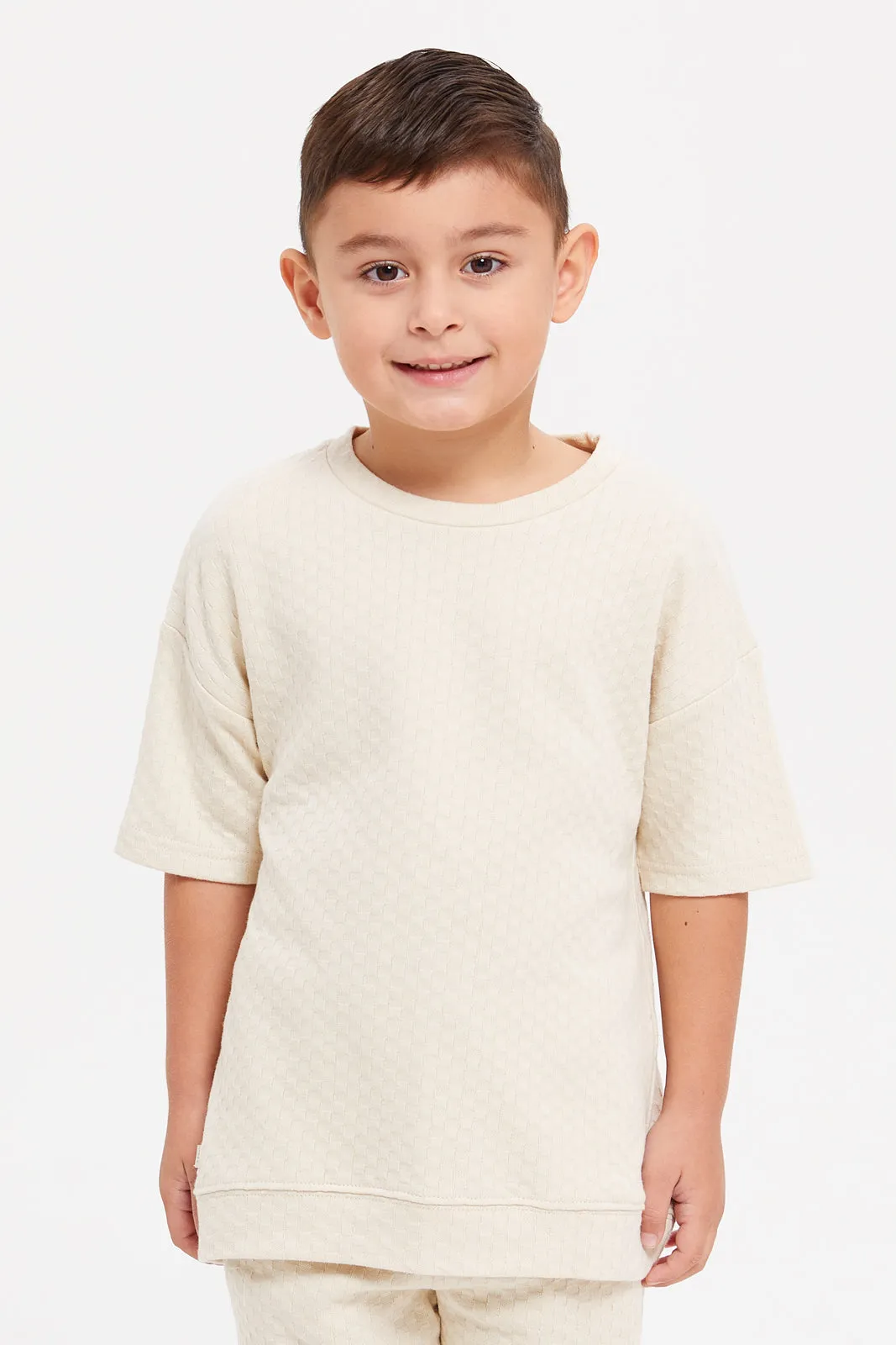Boys Ecru Jacquard Oversized T-Shirt Set (2 Piece)
