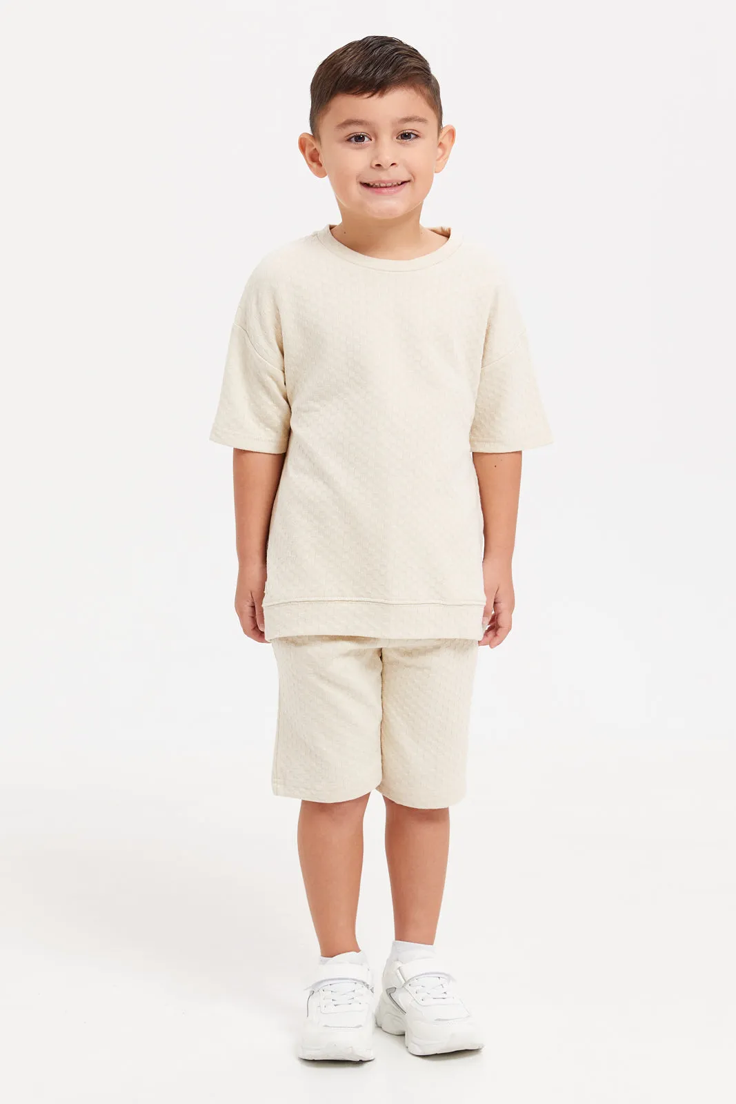 Boys Ecru Jacquard Oversized T-Shirt Set (2 Piece)