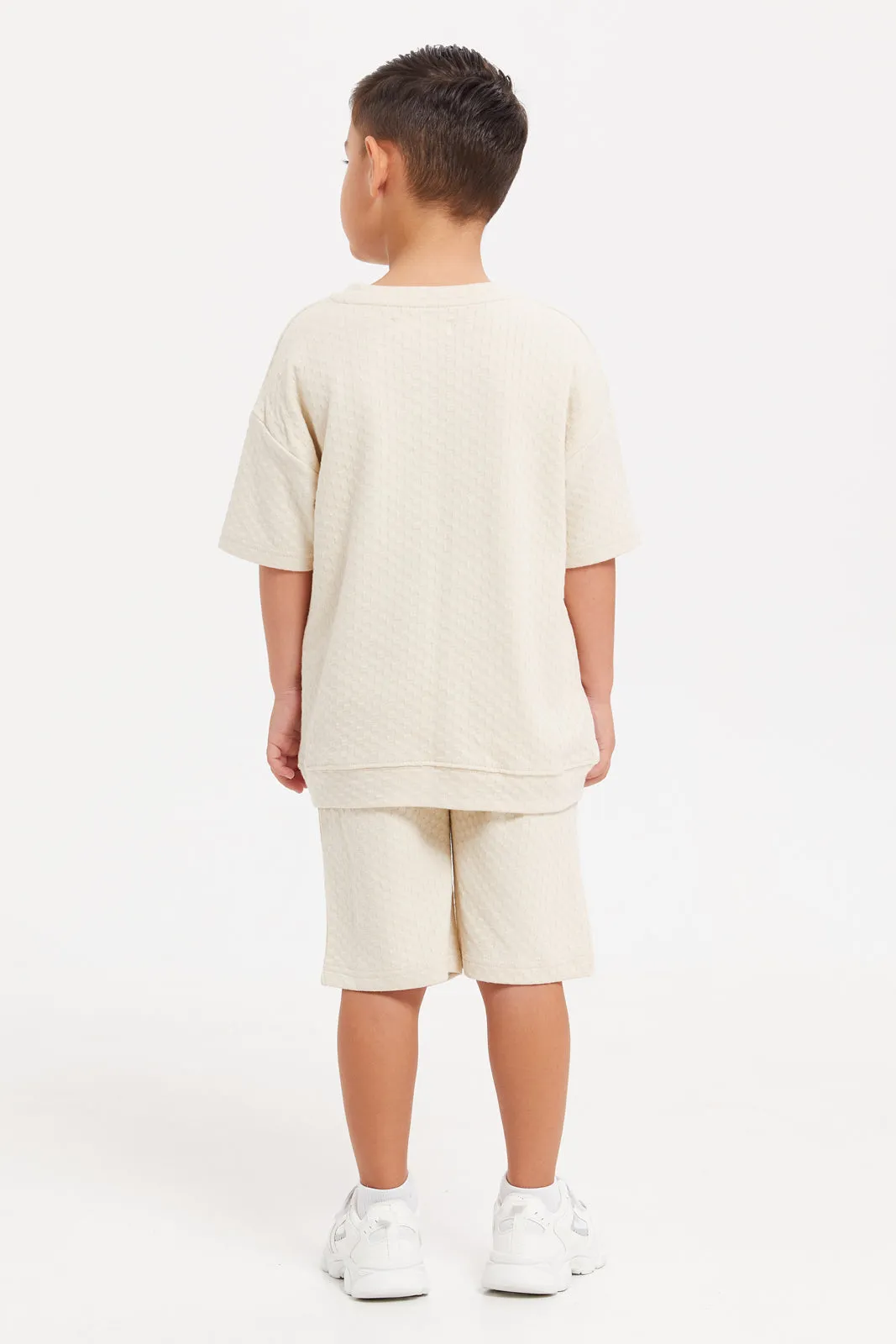 Boys Ecru Jacquard Oversized T-Shirt Set (2 Piece)