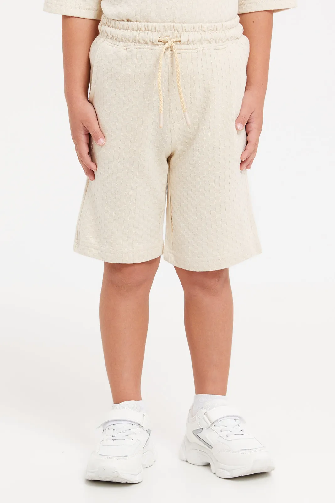 Boys Ecru Jacquard Oversized T-Shirt Set (2 Piece)