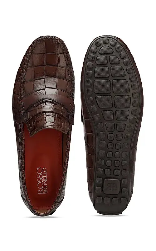 Coffee Croco Leather Loafers