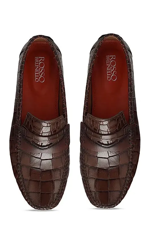 Coffee Croco Leather Loafers