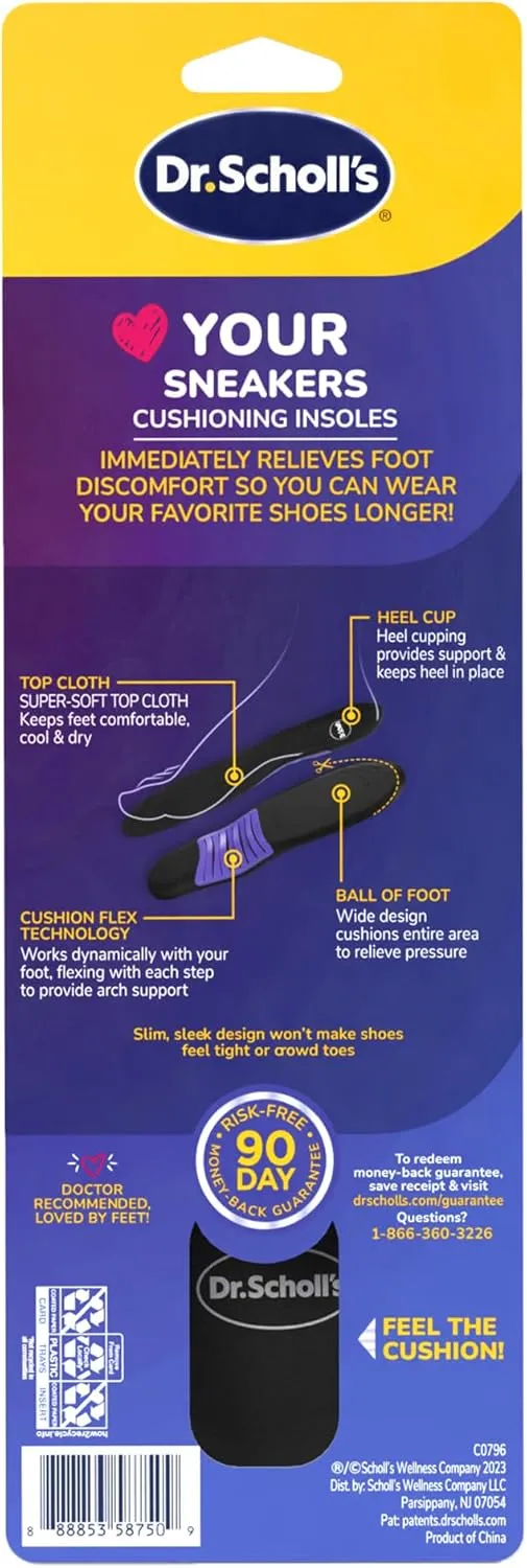 Dr. Scholl's Love Your Sneakers Full Length Insoles, All-Day Comfort for Slip on & High Top Sneaker, Prevent Discomfort, Arch Support, Absorb Shock, Trim Insert to Fit Shoe, Women Size 6-10, 1 Pair