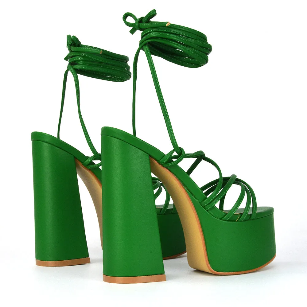 Estelle Lace Up Platform Chunky Sole Block Strappy High Heels in Red Synthetic Leather
