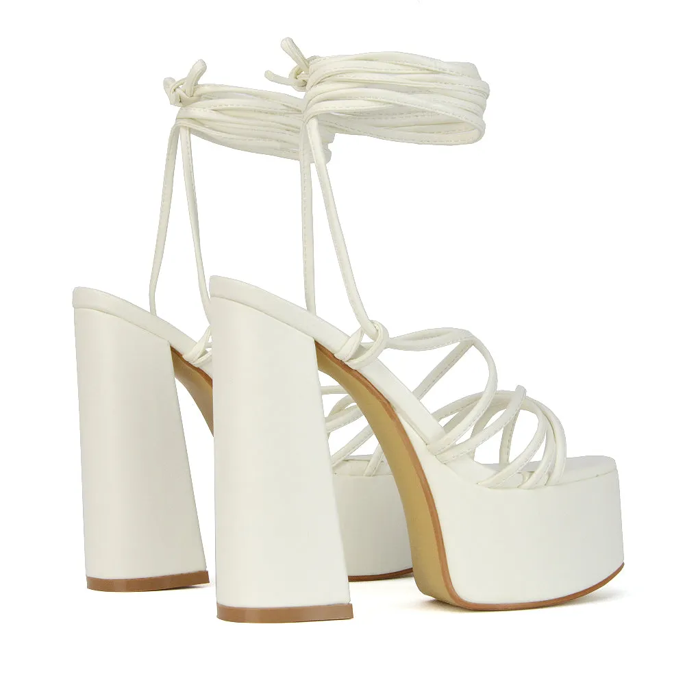 Estelle Lace Up Platform Chunky Sole Block Strappy High Heels in Red Synthetic Leather