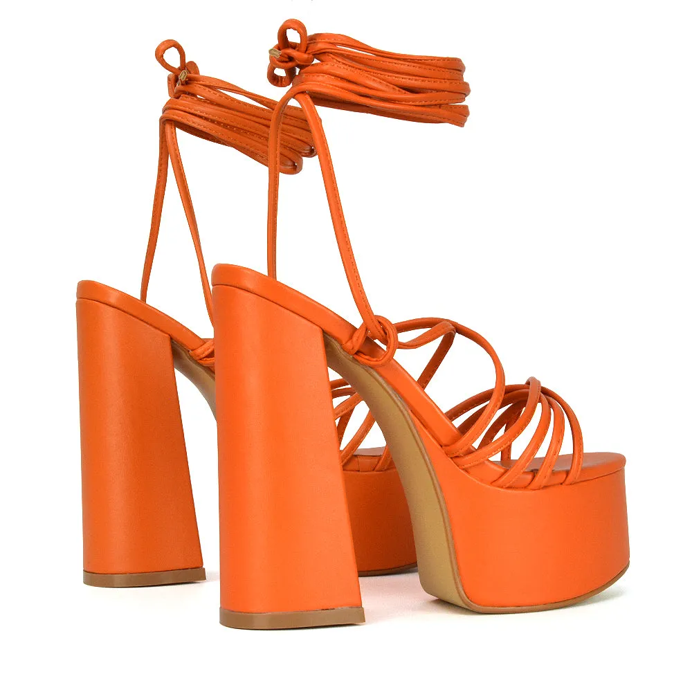 Estelle Lace Up Platform Chunky Sole Block Strappy High Heels in Red Synthetic Leather