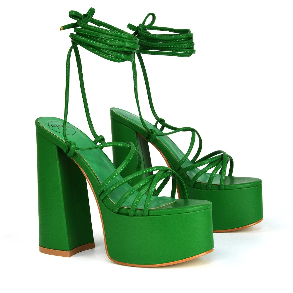 Estelle Lace Up Platform Chunky Sole Block Strappy High Heels in Red Synthetic Leather