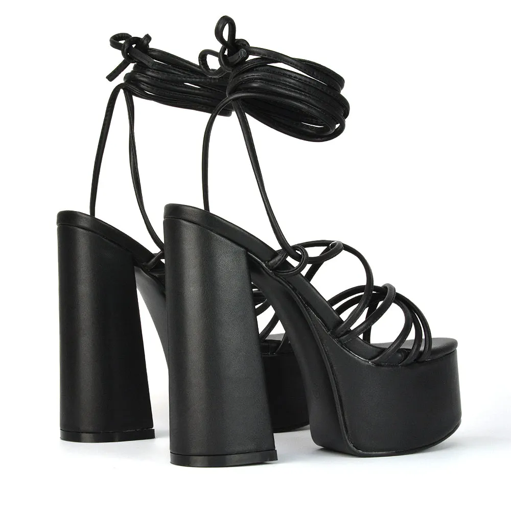 Estelle Lace Up Platform Chunky Sole Block Strappy High Heels in Red Synthetic Leather