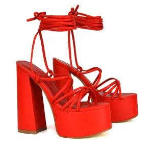 Estelle Lace Up Platform Chunky Sole Block Strappy High Heels in Red Synthetic Leather