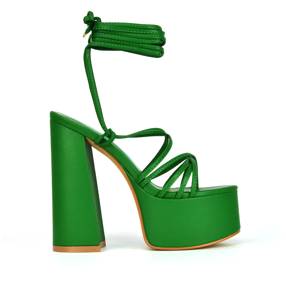 Estelle Lace Up Platform Chunky Sole Block Strappy High Heels in Red Synthetic Leather