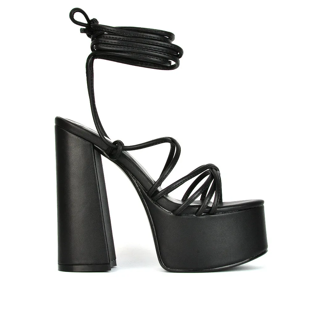 Estelle Lace Up Platform Chunky Sole Block Strappy High Heels in Red Synthetic Leather