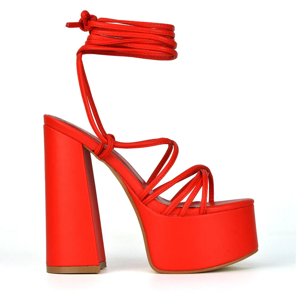 Estelle Lace Up Platform Chunky Sole Block Strappy High Heels in Red Synthetic Leather