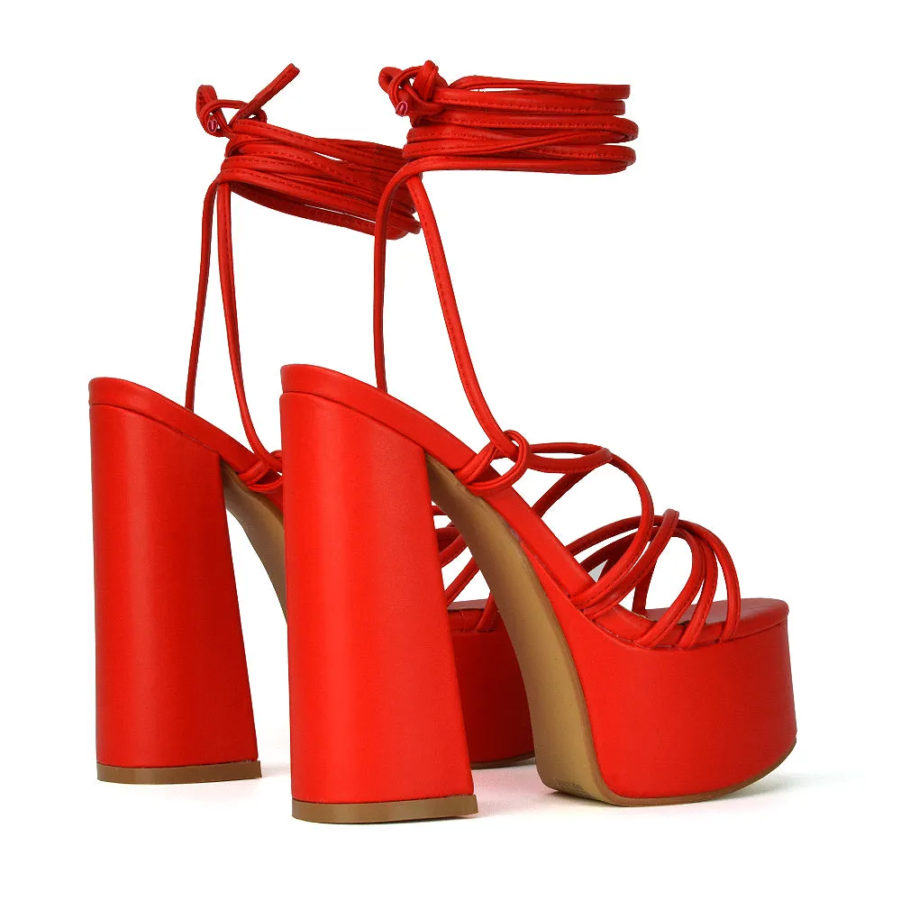 Estelle Lace Up Platform Chunky Sole Block Strappy High Heels in Red Synthetic Leather