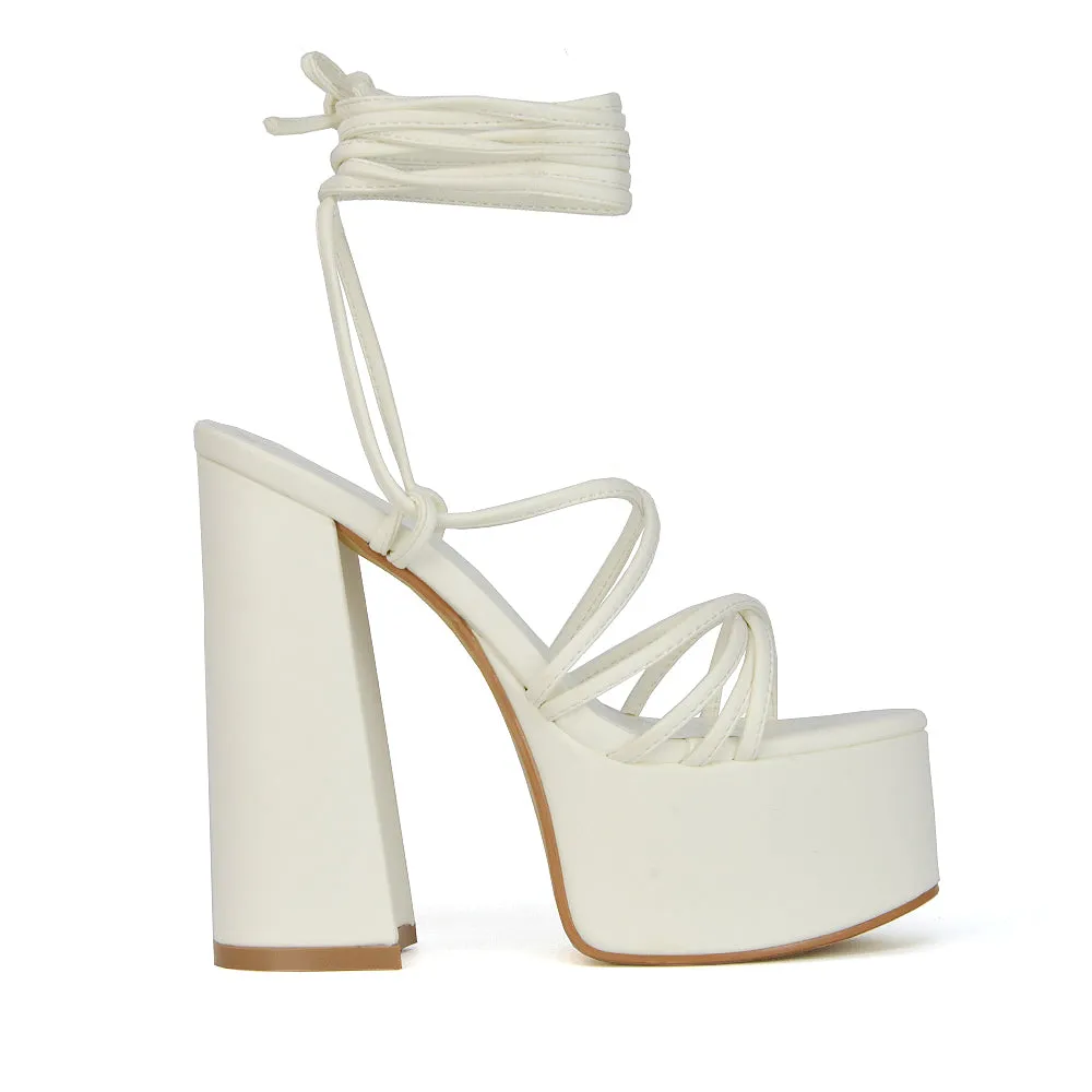 Estelle Lace Up Platform Chunky Sole Block Strappy High Heels in Red Synthetic Leather