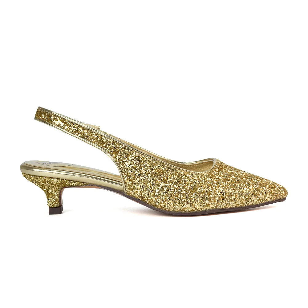 Gerri Pointed Toe Glitter Slingback Kitten Heel Court Shoes in Silver Glitter