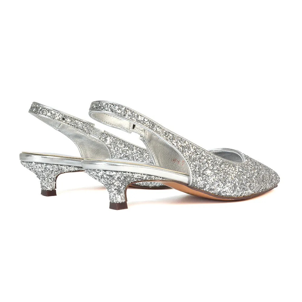 Gerri Pointed Toe Glitter Slingback Kitten Heel Court Shoes in Silver Glitter