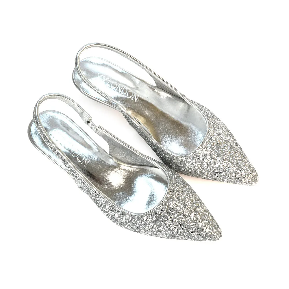 Gerri Pointed Toe Glitter Slingback Kitten Heel Court Shoes in Silver Glitter