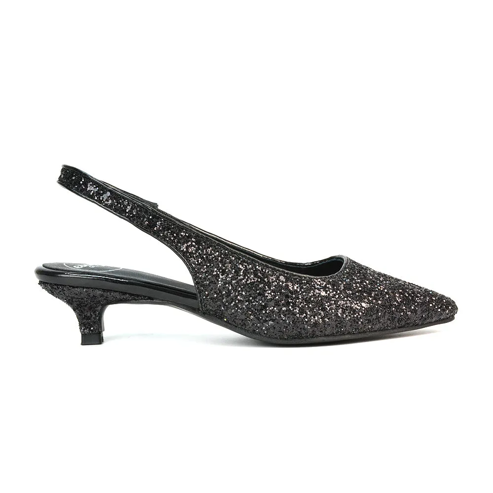 Gerri Pointed Toe Glitter Slingback Kitten Heel Court Shoes in Silver Glitter