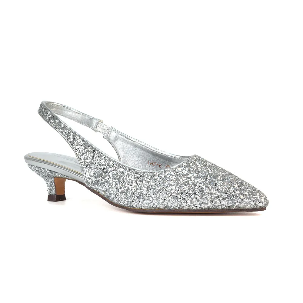 Gerri Pointed Toe Glitter Slingback Kitten Heel Court Shoes in Silver Glitter