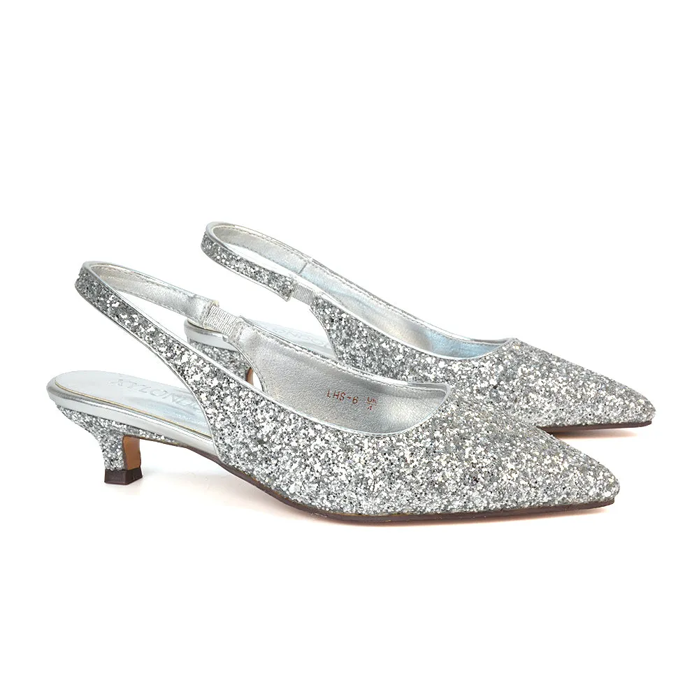 Gerri Pointed Toe Glitter Slingback Kitten Heel Court Shoes in Silver Glitter