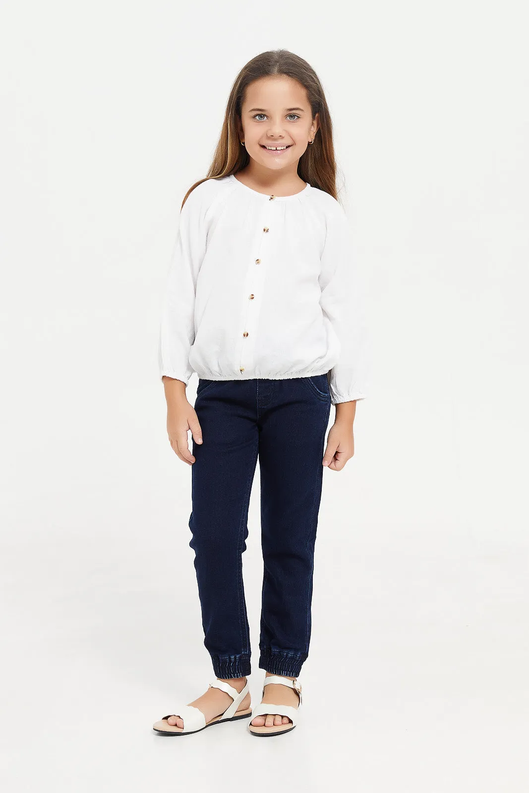 Girls Navy Knit Jeggings With Drawcord