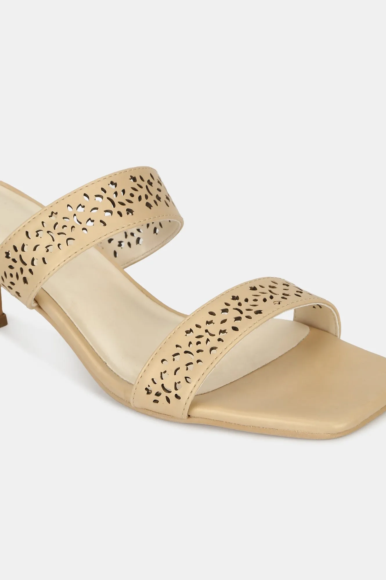 Gold Square Toe Laser Cut Kitten Heel-WBELLA