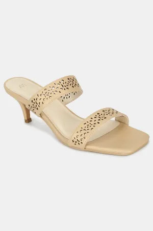 Gold Square Toe Laser Cut Kitten Heel-WBELLA