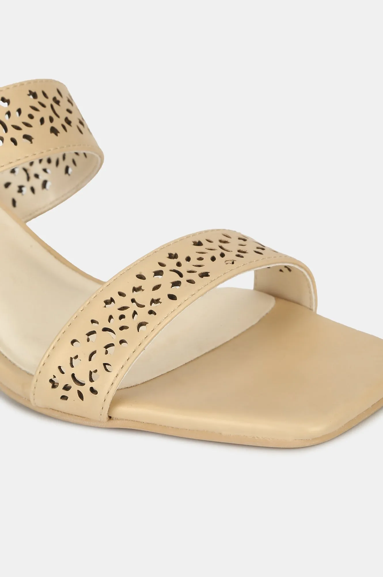Gold Square Toe Laser Cut Kitten Heel-WBELLA