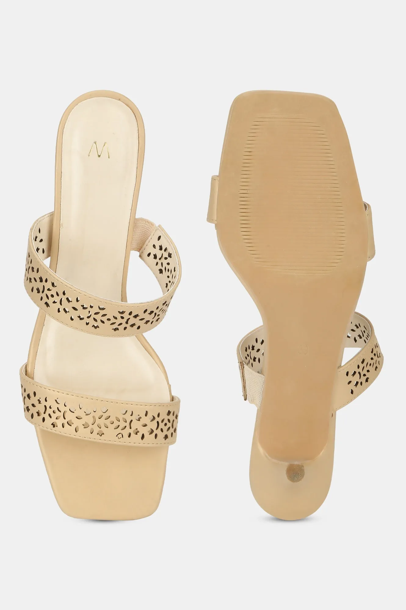 Gold Square Toe Laser Cut Kitten Heel-WBELLA