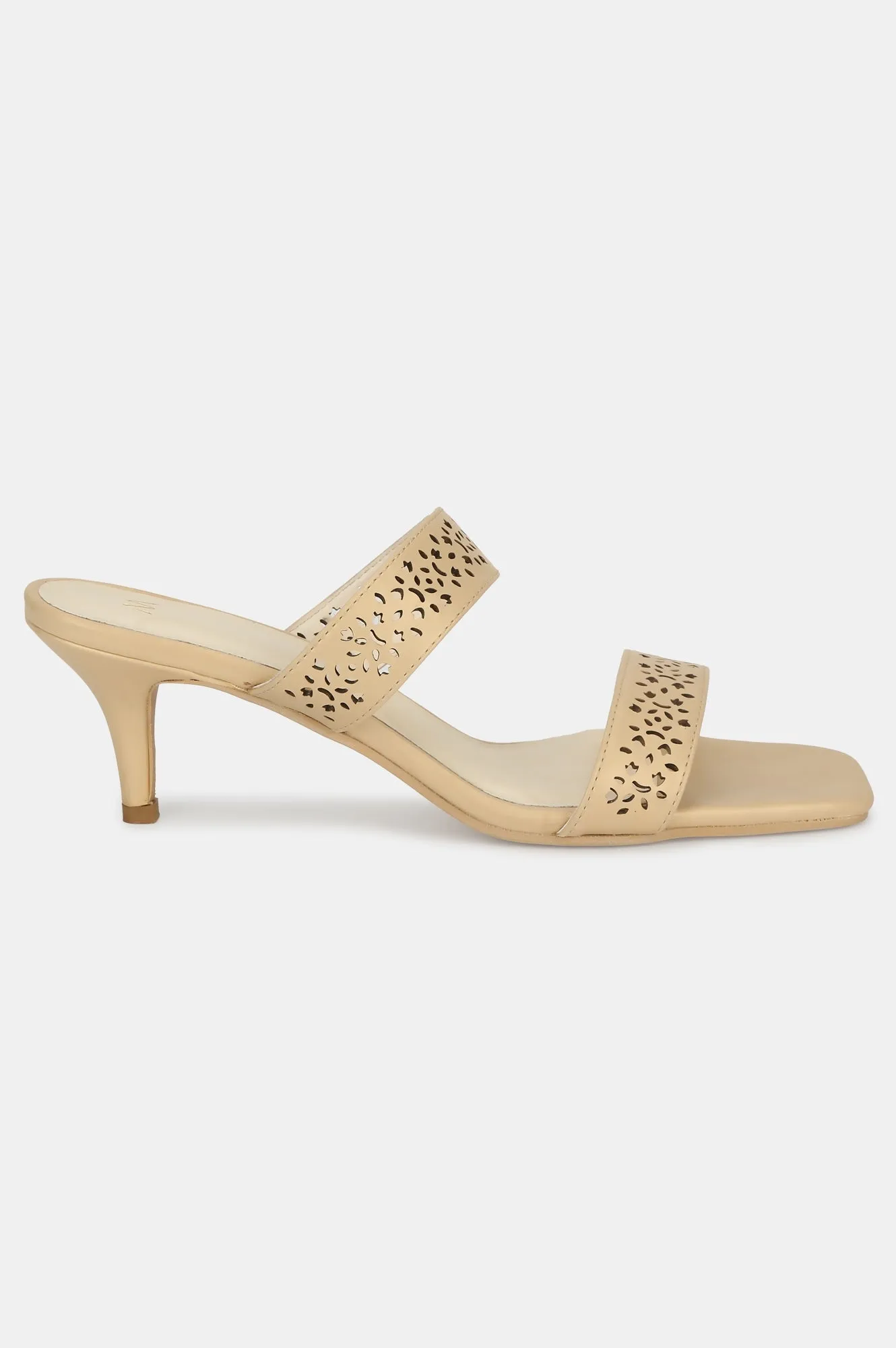 Gold Square Toe Laser Cut Kitten Heel-WBELLA