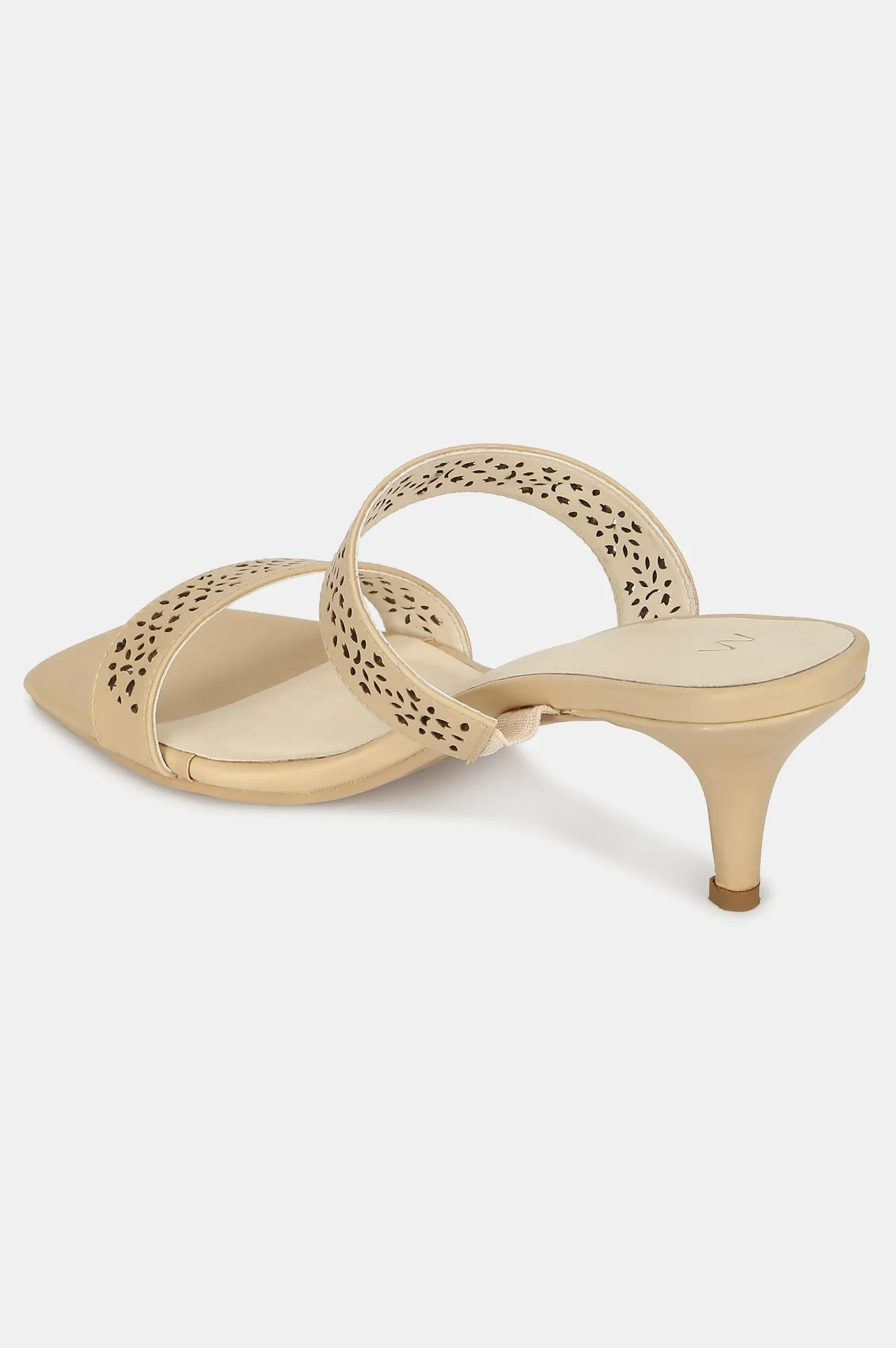 Gold Square Toe Laser Cut Kitten Heel-WBELLA