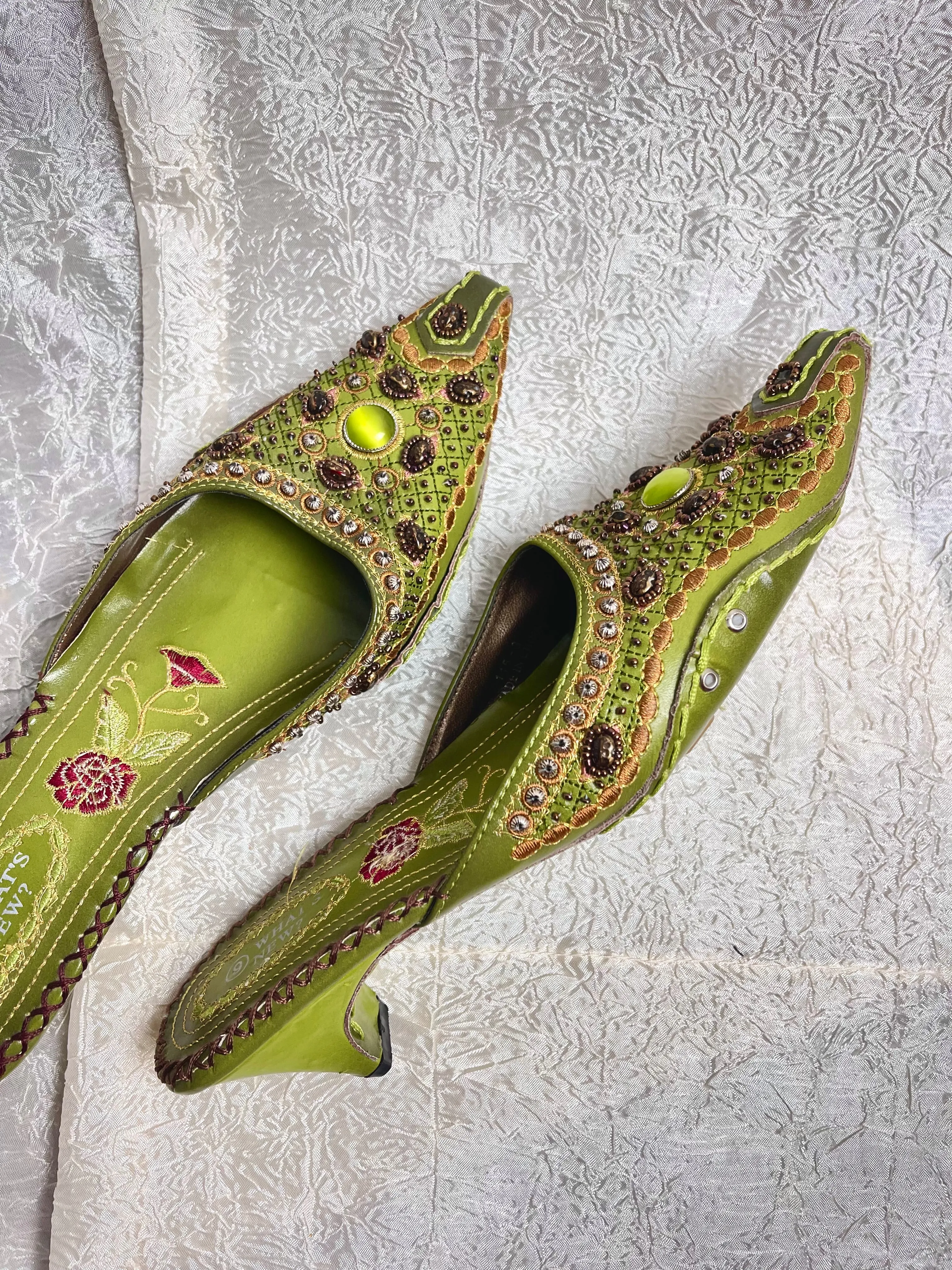 GREEN STONEWORK KITTEN HEELS