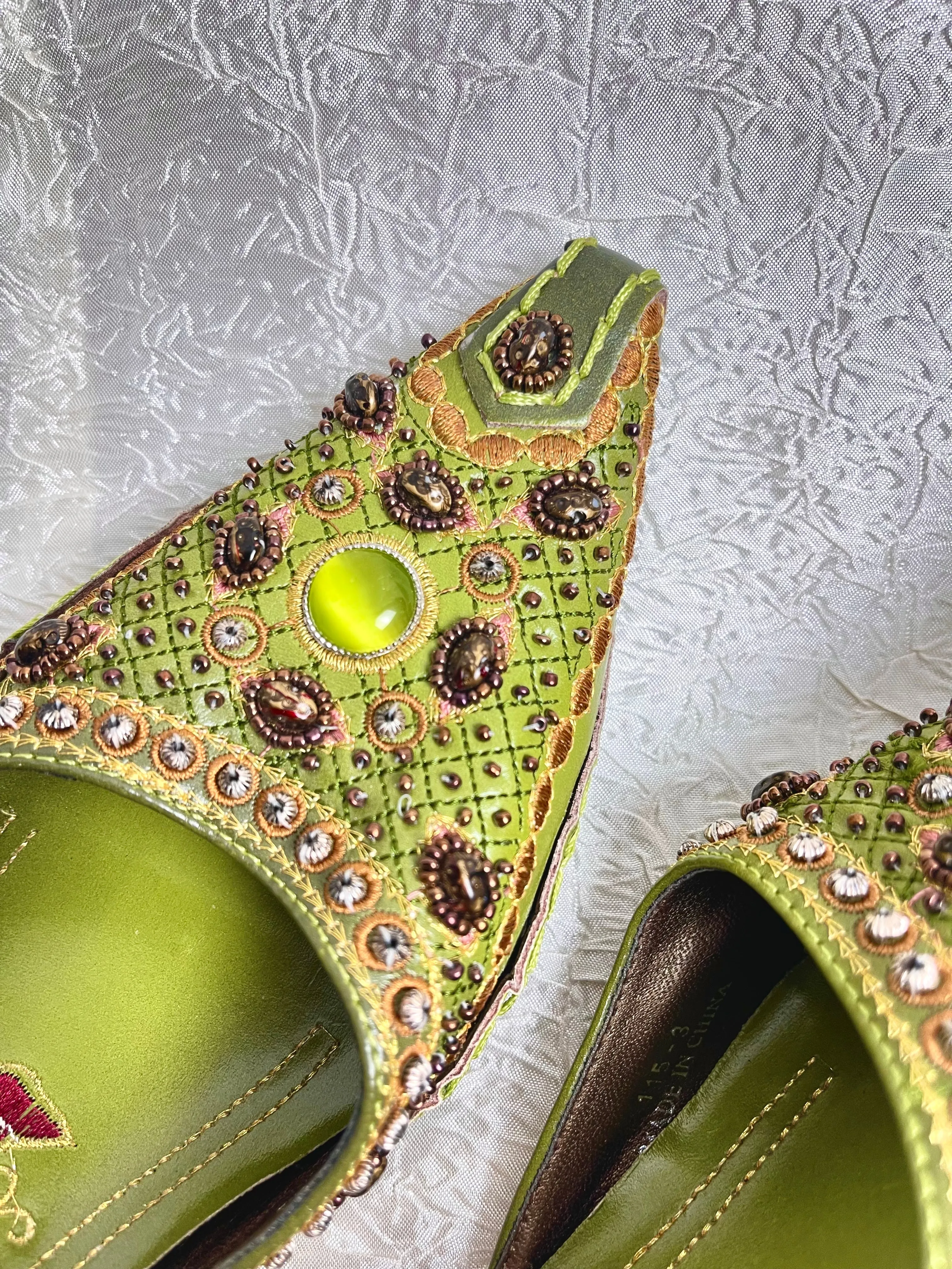 GREEN STONEWORK KITTEN HEELS