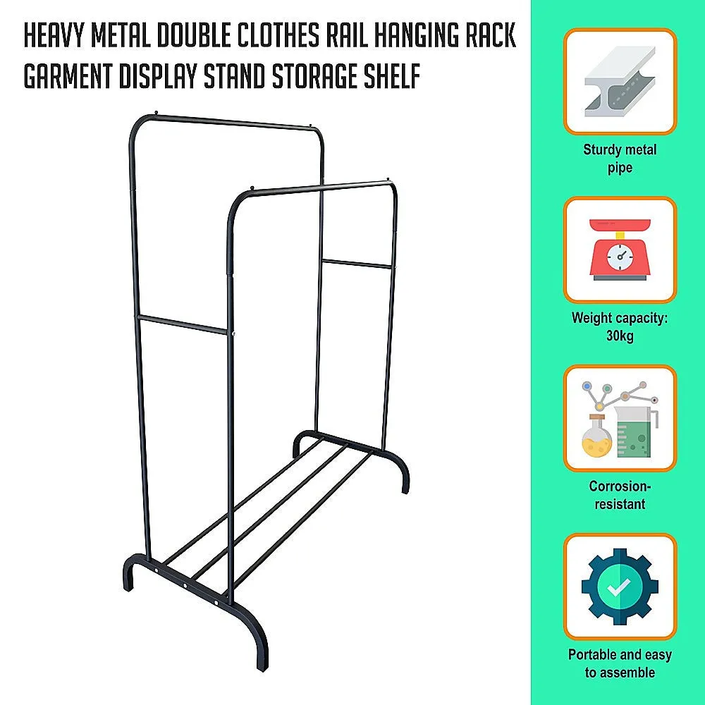 Heavy Metal Double Clothes Rail Hanging Rack Garment Display Stand with Storage Shelf
