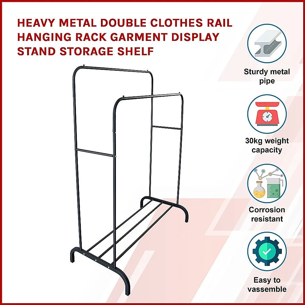 Heavy Metal Double Clothes Rail Hanging Rack Garment Display Stand with Storage Shelf
