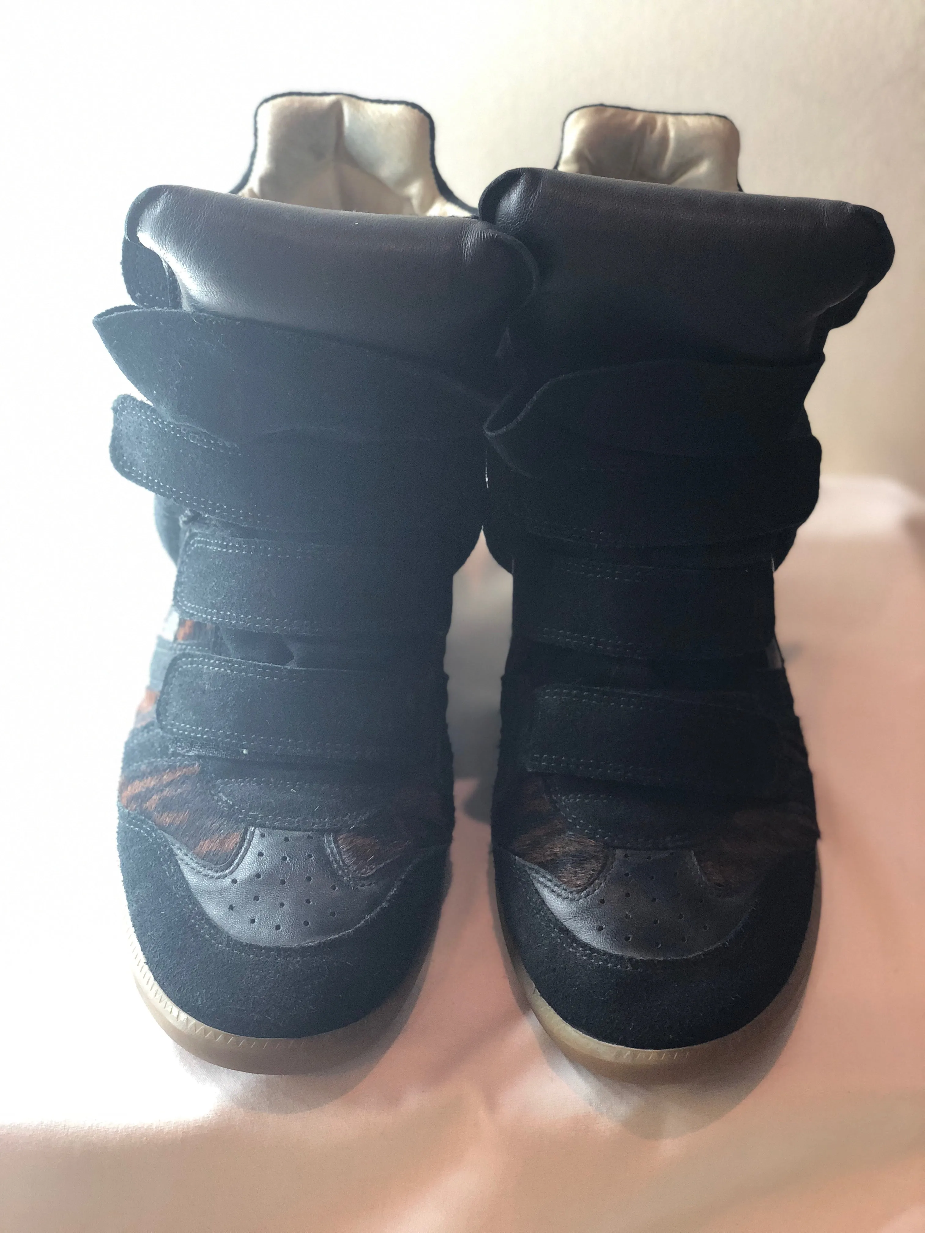 Isabel Marant Black Suede and Tiger Striped Pony Hair Bekett Over Basket Sneaker Wedges